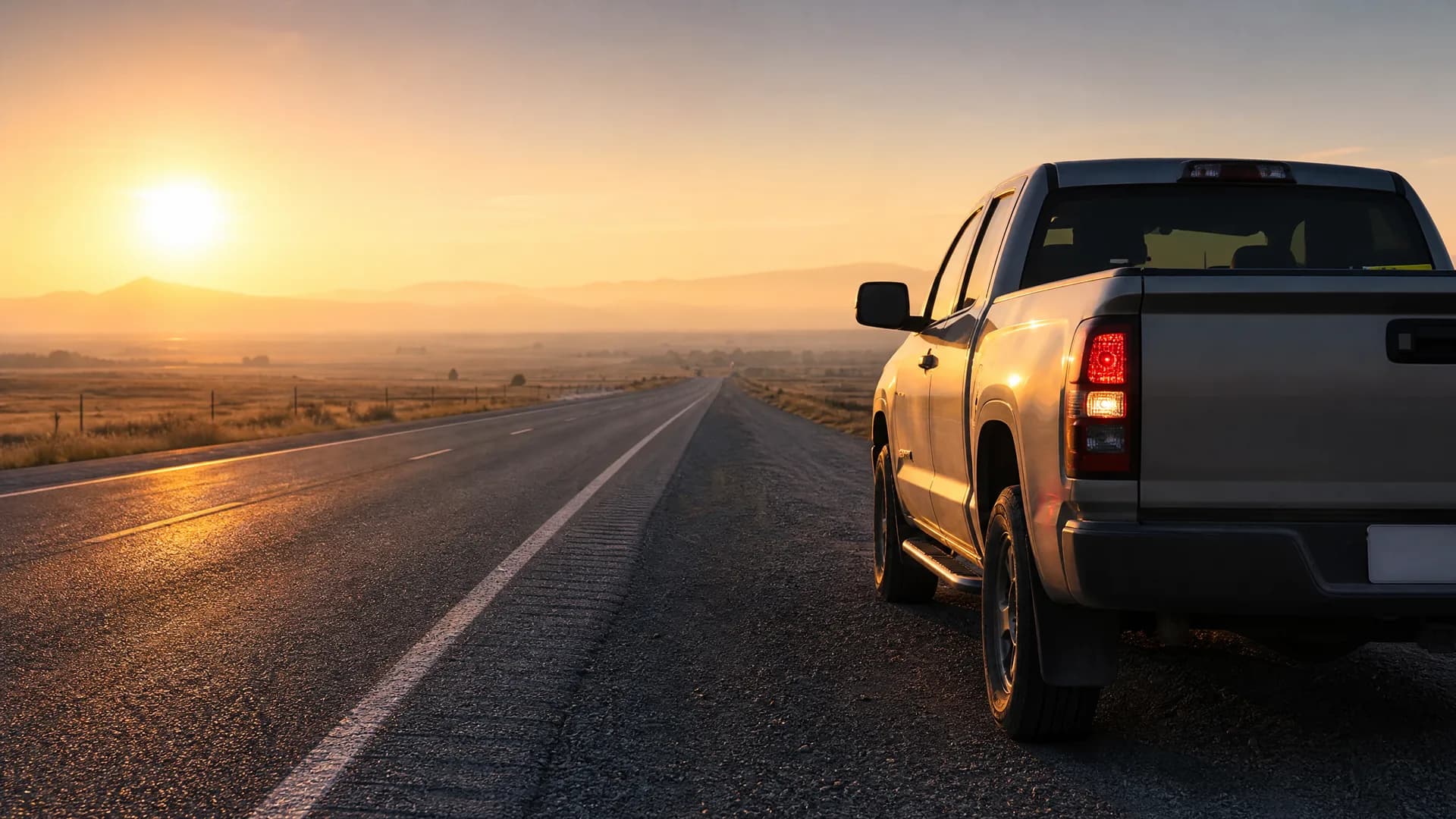 A silver pickup truck parked on the shoulder of a two-lane road running through flat dry grassland, with low mountains and a low sun on the horizon.